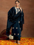 Libas Gerua Womens Yoke Design Silk Blend Straight Kurta With Trousers And Dupatta Blue L Gs984