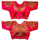 Vihu Fashion Womens Silk Floral Half Sleeve Blouse (Checks Mix_Pink_38)