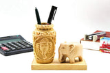 INDICAST Wooden Pen Holder with Elephant for Office Study Table and Gift (Brown)