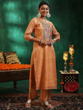 Libas Womens Yoke Design Silk Blend Straight Kurta With Trousers And Dupatta Orange S