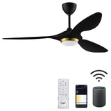 reiga 52 Inch Black Modern Ceiling Fans with Lights and Remote Control, Smart WiFi 3 Blades Quiet DC Motor for Living Room Bedro