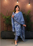 Anni Designer Women'S Cotton Blend Straight Printed Kurta With Pant & Dupatta (Nidali Blue_L_Blue_Large),Blue,L,Cotton Blend,ANNI DESIGNER Women's Cotton Blend Straight Printed Kurta with Pant & Dupatta (Nidali Blue),Kurta, Scarf