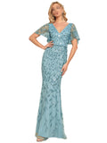 Long Evening Dresses V Neck Mermaid Dress Short Sleeves Floor Length Gown Backless Bridesmaid Dress Blue 2 -Like New