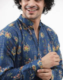 Leriya Fashion Men'S Kurta | Rayon Printed Kurta For Men | Chinese Collar Long Sleeves | Straight Knee Length Kurtas | For Festival | Function | Occasion Wear Fancy Kurta For Boys (Small, Blue)