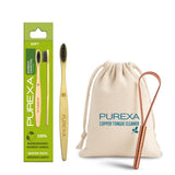 Purexa Bamboo Oral Care Combo | 1 Bamboo Toothbrush With Activated Charcoal Bristles With 1 Q Shape Copper Tongue Cleaner | Eco