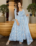 Anni Designer Women'S Rayon Viscose Printed Anarkali Kurta With Pant & Dupatta (Jamgarh Blue_S_Blue_Small),Blue,S,Rayon Blend,Anarkali,