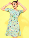 OOMPH! Women's Western & Fusion wear Below Knee Shift Light Green Dress in Crepe Fabric with Round Neck and Puff Sleeves - md620xl,Light Green