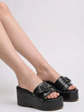Shoetopia Women'S Black Platform Slip-On Sandals Chunky Wedge Slides With Buckle Strap Stylish Comfortable Durable Perfect For Casual & Party Eu40,Black,7,B0DDJK1ZD9