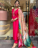 Anni Designer Women'S Rayon Blend Embroidered Straight Kurta With Pant & Dupatta (Ocb Pink_Vks-01_Xxl_Pink_Xx-Large),Pink,2XL,Rayon Blend,Straight,