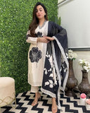 Anni Designer Women'S Cotton Blend Straight Printed Kurta With Pant & Dupatta (Reeka Cream-Nw_S_Cream_Small),Cream,S,Cotton Blend,Regular,