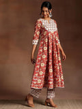 Libas Women Cotton Red Printed Anarkali Kurta Set With Trousers & Dupatta, Xs