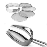 Combo of Atta Scoop and Stainless Steel 4 in 1 Interchangeable Sieve Set of 5, Flour Chalni, Spices