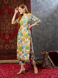 Anni Designer Women'S Cotton Blend Straight Printed Kurta With Pant (Samlok Sky Blue_L_Sky Blue_Large),Sky Blue,L,Cotton Blend,Regular,