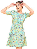 OOMPH! Women's Western & Fusion wear Below Knee Shift Light Green Dress in Crepe Fabric with Round Neck and Puff Sleeves - md620xl,Light Green