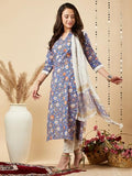 Gosriki Women'S Cotton Blend Printed Straight Kurta With Pant & Dupatta (Silhot-Blue-Brt-Gs_Xl_Blue_X-Large),Blue,,B0CJY6Y1CV