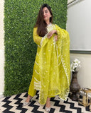 Anni Designer Women'S Rayon Blend Straight Embroidered Kurta With Pant & Dupatta (Carlton Lemon_Xl_Lemon_X-Large),Lemon,XL,Rayon Blend,Regular,