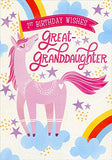 Designer Greetings Pink Unicorn, Rainbows and Blue Clouds Juvenile 1st / First Birthday Card for GreatGranddaughter