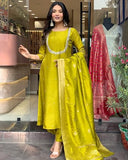 Anni Designer Women'S Silk Blend Straight Embroidered Kurta With Pant & Dupatta (Deluxe Green-Vks01_M_Green_Medium),Green,M,Rayon Blend,Regular,
