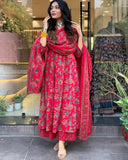 Anni Designer Women'S Rayon Viscose Anarkali Printed Kurta With Palazzo & Dupatta (Cia Pink_M_Pink_Medium),Pink,M,Rayon,Anarkali,