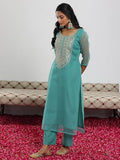 Libas Womens Embellished Organza Straight Kurta With Trousers And Dupatta Sea Green 2Xl