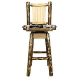 Montana Woodworks Glacier Country Collection Barstool With Back & Swivel, Upholstered Seat, Woodland Pattern With Laser Engraved