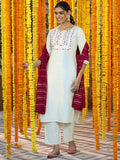 Libas Womens Yoke Design Cotton Blend Straight Kurta With Trousers And Dupatta Off White Xs