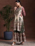 Libas Womens Printed Silk Blend Straight Kurta With Sharara And Dupatta Beige L
