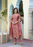 Anni Designer Women'S Cotton Blend Straight Printed Kurta With Pant & Dupatta (Kinara Peach_M_Peach_Medium),Peach,M,Cotton Blend,Classic,Kurta, Scarf