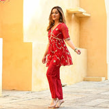 Anni Designer Women'S Georgette Embroidered Short Kurta With Pant Set (Kaka Red_Xxl_Red_Xx-Large),Red,2XL,Georgette,Regular,Kurta
