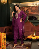 Anni Designer Women'S Rayon Blend Straight Embroidered Kurta With Pant & Dupatta (Arju Wine_S_Wine_Small),Wine,S,Rayon Blend,Regular,