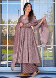 Anni Designer Women'S Rayon Viscose Anarkali Printed Kurta With Palazzo & Dupatta (Sinners Purple_S_Purple_Small),Purple,S,,,