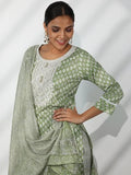 Libas Womens Printed Cotton Straight Kurta With Trousers And Dupatta Green 2Xl 48887