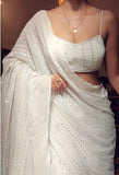 Flosive Women'S Thread Sequence Work Georgette Saree With Blouse (White)