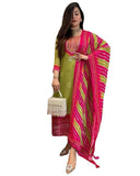 Anni Designer Women'S Rayon Viscose Straight Bandhej Printed Kurta With Pant & Dupatta (Navima Green_Xl_Green_X-Large),Green,XL