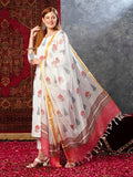 Anni Designer Women'S Cotton Blend Straight Printed Kurta With Pant & Dupatta (Nairiti White-Jl_Xl_White_X-Large),White,XL,Cotton Blend,Regular,Kurta, Scarf