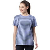 Enamor Athleisure Relaxed Fit Short Sleeve Round Neck Antimicrobial Finish Breathable Stretch Cotton Activewear Sports Tshirt for Women-A3S1 (A3S1_Purple Slate Stripe/Be Here Now Graphic_L),Purple Slate Stripe/