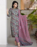 Anni Designer Women'S Rayon Blend Straight Printed Kurta With Pant & Dupatta (Antari Grey_S_Grey_Small),Grey,S,Rayon Blend,Regular,