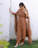 Anni Designer Women'S Rayon Viscose Embroidered Straight Kurta With Pant & Dupatta (Kintu Coffee_L_Brown_Large),Brown,L,,,