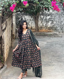 Anni Designer Women'S Rayon Blend Anarkali Printed Kurta With Pant & Dupatta (Sanjini Green_L_Green_Large),Green,L,Rayon Blend,Anarkali,
