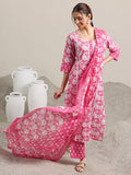 Libas Womens Printed Cotton Straight Kurta With Trousers And Dupatta Pink M 400154O
