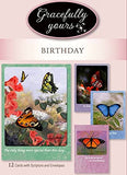 Gracefully Yours Blessed Birthday Greeting Cards Featuring Butterflies by Artist Larry Martin, 12, 4 Designs/3 Each with Scriptu