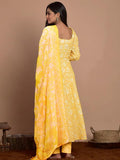 Pinkmint Women Cotton Blend Anarkali Floral Printed Kurta With Pant & Dupatta Yellow Yellow L