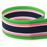 USA | American Made 7/8 Bahama Breeze Striped Grosgrain Ribbon (Pink, White, Green, and Navy Ribbon) - 100 Yards (Multiple Width