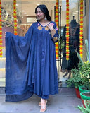 Gosriki Women'S Rayon Viscose Anarkali Printed Kurta With Pant & Dupatta (Jisma Blue-Gs_L_Blue_Large),Blue,,B0DX24Y75Q