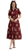 Bollyclues WomenS Maroon Printed Midi Dress | Viscose Rayon Shirt Collar Dress With Waist Tie Belt | Short Sleeve Tiered ALine