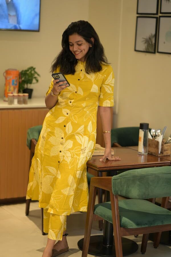 Anni Designer Women'S Rayon Viscose Straight Printed Kurta With Pant (Sunoni Yellow-Vks01_Xl_Yellow_X-Large),Yellow,XL,,,