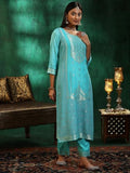 Libas Womens Woven Design Silk Blend Straight Kurta With Trousers And Dupatta Turquoise Blue M