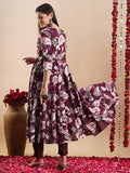 Anni Designer Women'S Rayon Blend Anarkali Printed Kurta With Pant (Damian Wine_3Xl_Wine_Xxx-Large),Wine,3XL,Rayon Blend,Anarkali,