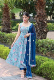 Anni Designer Women'S Cotton Blend Anarkali Printed Kurta With Pant & Dupatta (Goanni Blue_5Xl_Blue_Xxxxx-Large),Blue,5XL,Cotton Blend,Anarkali,Kurta, Scarf