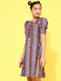 Oomph! Women'S Western & Fusion Wear Below Knee Shift Multicolor Dress In Crepe Fabric With Round Neck And Puff Sleeves - Md625L